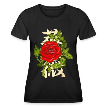 Rote Rose mit japanischen Schriftzeichen - Frauen Funktions-T-Shirt - Schwarz - Vorne - AI Model Female 172 light (172cm)