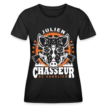 Julien chasseur de sanglier Humour Chasse - T-shirt sport Femme - noir - Devant - AI Model Female 172 light (172cm)