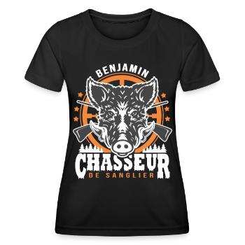 Benjamin chasseur de sanglier Humour Chasse - T-shirt sport Femme - noir - Devant - AI Model Female 172 light (172cm)