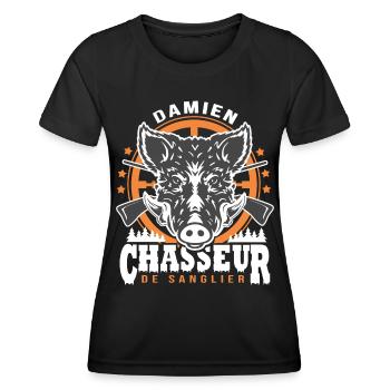 Damien chasseur de sanglier Humour Chasse - T-shirt sport Femme - noir - Devant - AI Model Female 172 light (172cm)