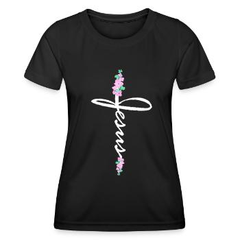 Jesus Kreuz Schriftzug Mit Blumen - Frauen Funktions-T-Shirt - Schwarz - Vorne - AI Model Female 172 light (172cm)
