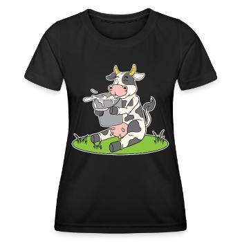Funny cow with a bucket of milk sweet cow cow cows - Women's Functional T-Shirt - black - Front - AI Model Female 172 light (172cm)