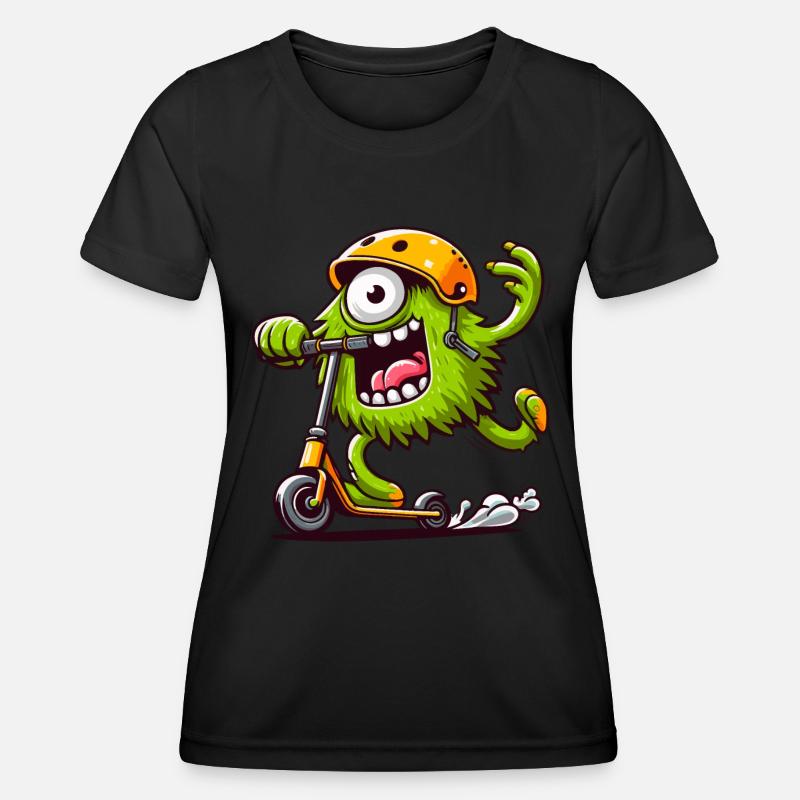 Cute funny monster on escooter - Women's Functional T-Shirt - black