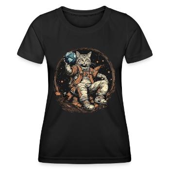 Katze im All, Erde, Mond, Weltall - Frauen Funktions-T-Shirt - Schwarz - Vorne - AI Model Female 172 light (172cm)