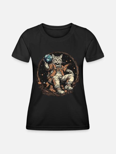 Katze im All, Erde, Mond, Weltall - Frauen Funktions-T-Shirt - Schwarz