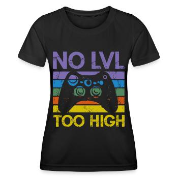 Trendiges Gamer Shirt – "NO LVL TOO HIGH" - Frauen Funktions-T-Shirt - Schwarz - Vorne - AI Model Female 172 light (172cm)