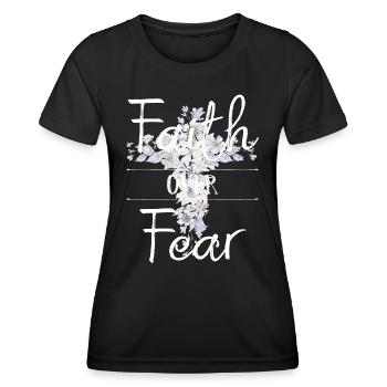 Floral cross with Christian quote - Women's Functional T-Shirt - black - Front - AI Model Female 172 light (172cm)