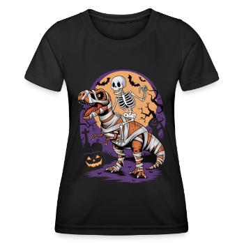 Skelett reitet einen Dinosaurier an Halloween - Frauen Funktions-T-Shirt - Schwarz - Vorne - AI Model Female 172 light (172cm)