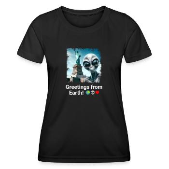 Aliens à New York - Statue Selfie Saga - T-shirt sport Femme - noir - Devant - AI Model Female 172 light (172cm)