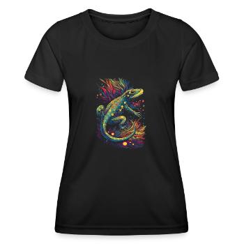 Coole trippy Eidechse/Echse mit bunten Pflanzen - Frauen Funktions-T-Shirt - Schwarz - Vorne - AI Model Female 172 light (172cm)