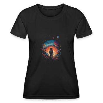 Wandern im Universum - Surrealistisches Artwork - Frauen Funktions-T-Shirt - Schwarz - Vorne - AI Model Female 172 light (172cm)
