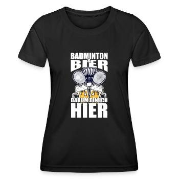 Lustiger Spruch Badminton Bier darum bin ich hier - Frauen Funktions-T-Shirt - Schwarz - Vorne - AI Model Female 172 light (172cm)
