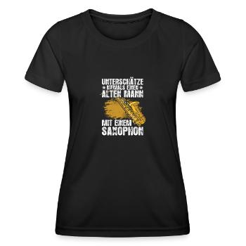 Unterschätze niemals Saxophon Saxophonspieler - Frauen Funktions-T-Shirt - Schwarz - Vorne - AI Model Female 172 light (172cm)