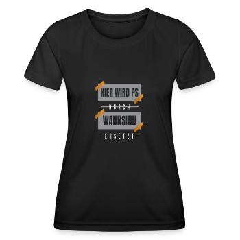 Hier wird PS durch Wahnsinn ersetzt - Frauen Funktions-T-Shirt - Schwarz - Vorne - AI Model Female 172 light (172cm)