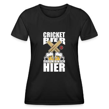 Lustiger Spruch Cricket Bier darum bin ich hier - Frauen Funktions-T-Shirt - Schwarz - Vorne - AI Model Female 172 light (172cm)