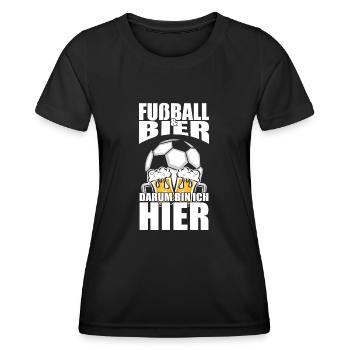 Lustiger Spruch Fußball Bier darum bin ich hier - Frauen Funktions-T-Shirt - Schwarz - Vorne - AI Model Female 172 light (172cm)