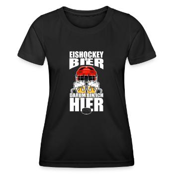 Lustiger Spruch Eishockey Bier darum bin ich hier - Frauen Funktions-T-Shirt - Schwarz - Vorne - AI Model Female 172 light (172cm)