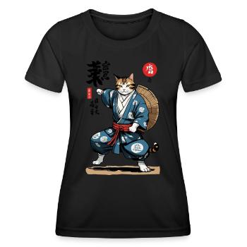 Samurai Katze Vintage Ukiyo-E Asiatischer Stil - Frauen Funktions-T-Shirt - Schwarz - Vorne - AI Model Female 172 light (172cm)