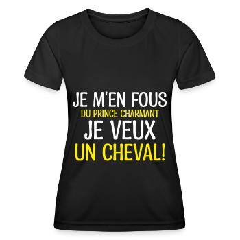 Je m'en fous du prince charmant je veux un cheval - T-shirt sport Femme - noir - Devant - AI Model Female 172 light (172cm)