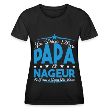 J'ai deux titres Papa et Nageur, Cadeau Papa. - T-shirt sport Femme - noir - Devant - AI Model Female 172 light (172cm)