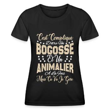 c'est compliqué d'être un Bogosse et un Animalier. - T-shirt sport Femme - noir - Devant - AI Model Female 172 light (172cm)