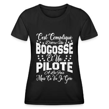 c'est compliqué d'être un Bogosse et un Pilote. - T-shirt sport Femme - noir - Devant - AI Model Female 172 light (172cm)