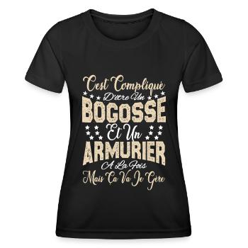 c'est compliqué d'être un Bogosse et un Armurier. - T-shirt sport Femme - noir - Devant - AI Model Female 172 light (172cm)