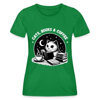 Katzen Bücher Kaffee Katzenmama Katzenbesitzer süß - Frauen Funktions-T-Shirt - Kelly Green - Vorne - AI Model Female 172 dark (172cm)