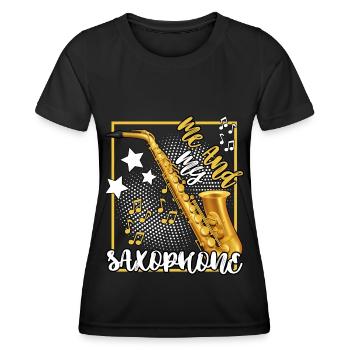 saxophone player according to baritone legend music jazz - Women's Functional T-Shirt - black - Front - AI Model Female 172 light (172cm)