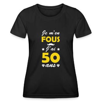 je m'en fous j'ai 50 ans / humour anniversaire 50 - T-shirt sport Femme - noir - Devant - AI Model Female 172 light (172cm)