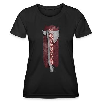 Extraterrestrial Fury: Axt mit leuchtend rotem Text - Frauen Funktions-T-Shirt - Schwarz - Vorne - AI Model Female 172 light (172cm)