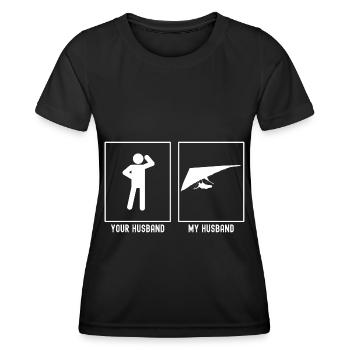 Her husband - My husband - Gliding left - Women's Functional T-Shirt - black - Front - AI Model Female 172 light (172cm)