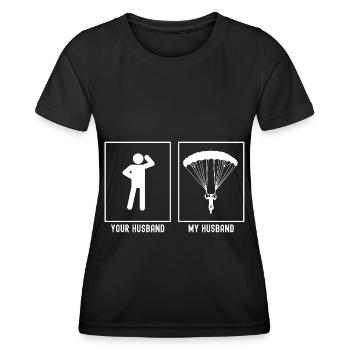 Ihr Ehemann - Mein Ehemann - Gleitschirmfliegen Fr - Frauen Funktions-T-Shirt - Schwarz - Vorne - AI Model Female 172 light (172cm)
