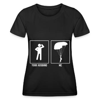 Votre mari - Moi - Vue latérale en parapente - T-shirt sport Femme - noir - Devant - AI Model Female 172 light (172cm)