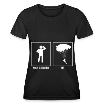 Votre mari - Moi - Vue latérale en parapente - T-shirt sport Femme - noir - Devant - AI Model Female 172 light (172cm)
