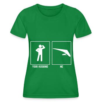 Her husband - Me - Paragliding Departure - Women's Functional T-Shirt - kelly green - Front - AI Model Female 172 dark (172cm)