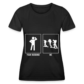 Son mari - moi - Trio errant - T-shirt sport Femme - noir - Devant - AI Model Female 172 light (172cm)