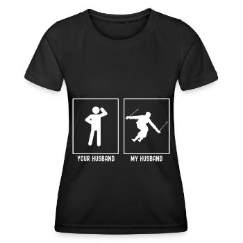 Ihr Ehemann - Mein Ehemann - Skifahren unten - Frauen Funktions-T-Shirt - Schwarz - Vorne - AI Model Female 172 light (172cm)
