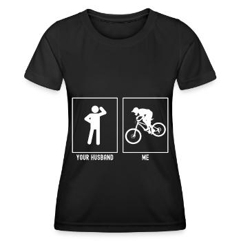 Ihr Ehemann - Ich - Mountainbiken Unten Links - Frauen Funktions-T-Shirt - Schwarz - Vorne - AI Model Female 172 light (172cm)