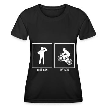 Dein Sohn - Mein Sohn - Radfahren bergauf - Frauen Funktions-T-Shirt - Schwarz - Vorne - AI Model Female 172 light (172cm)