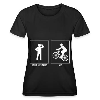 Ihr Ehemann - Ich - Radfahren bergauf - Frauen Funktions-T-Shirt - Schwarz - Vorne - AI Model Female 172 light (172cm)