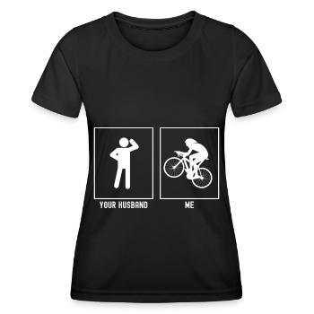 Ihr Ehemann - Ich - Radfahren Profi bergauf - Frauen Funktions-T-Shirt - Schwarz - Vorne - AI Model Female 172 light (172cm)