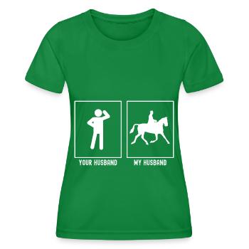 Your husband - My husband - Man rides horse - Women's Functional T-Shirt - kelly green - Front - AI Model Female 172 dark (172cm)