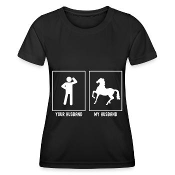 Son mari - Mon mari - Cheval posant - T-shirt sport Femme - noir - Devant - AI Model Female 172 light (172cm)