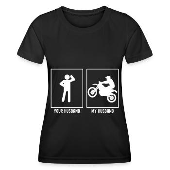 Ihr Ehemann - Mein Ehemann - Motorrad bergauf link - Frauen Funktions-T-Shirt - Schwarz - Vorne - AI Model Female 172 light (172cm)