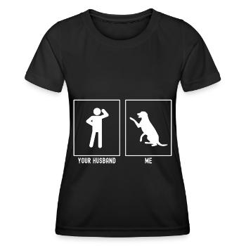 Your husband - me - dog shaking hands - Women's Functional T-Shirt - black - Front - AI Model Female 172 light (172cm)