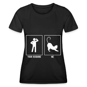 Ihr Mann - Ich - Katze strecken - Frauen Funktions-T-Shirt - Schwarz - Vorne - AI Model Female 172 light (172cm)