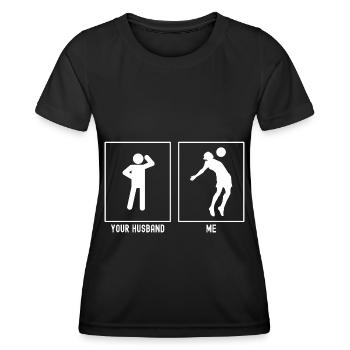 Ihr Mann - Ich - Fußball-Brustwurf - Frauen Funktions-T-Shirt - Schwarz - Vorne - AI Model Female 172 light (172cm)