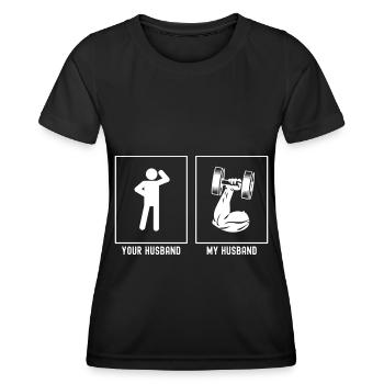 Son mari - Mon mari - Fitness Strong Arm - T-shirt sport Femme - noir - Devant - AI Model Female 172 light (172cm)
