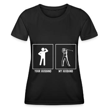 Her husband - My husband - golf swing - Women's Functional T-Shirt - black - Front - AI Model Female 172 light (172cm)